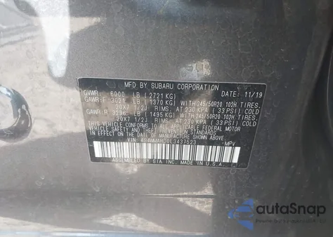 2020 Subaru Ascent Touring z USA, uszkodzony, nr VIN 4S4WMARD0L3437523